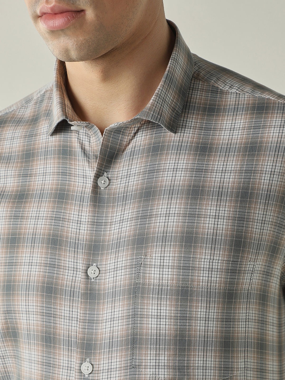 Men's Pure Cotton Checks Slim Fit Full Sleeve Casual Shirt - Beige