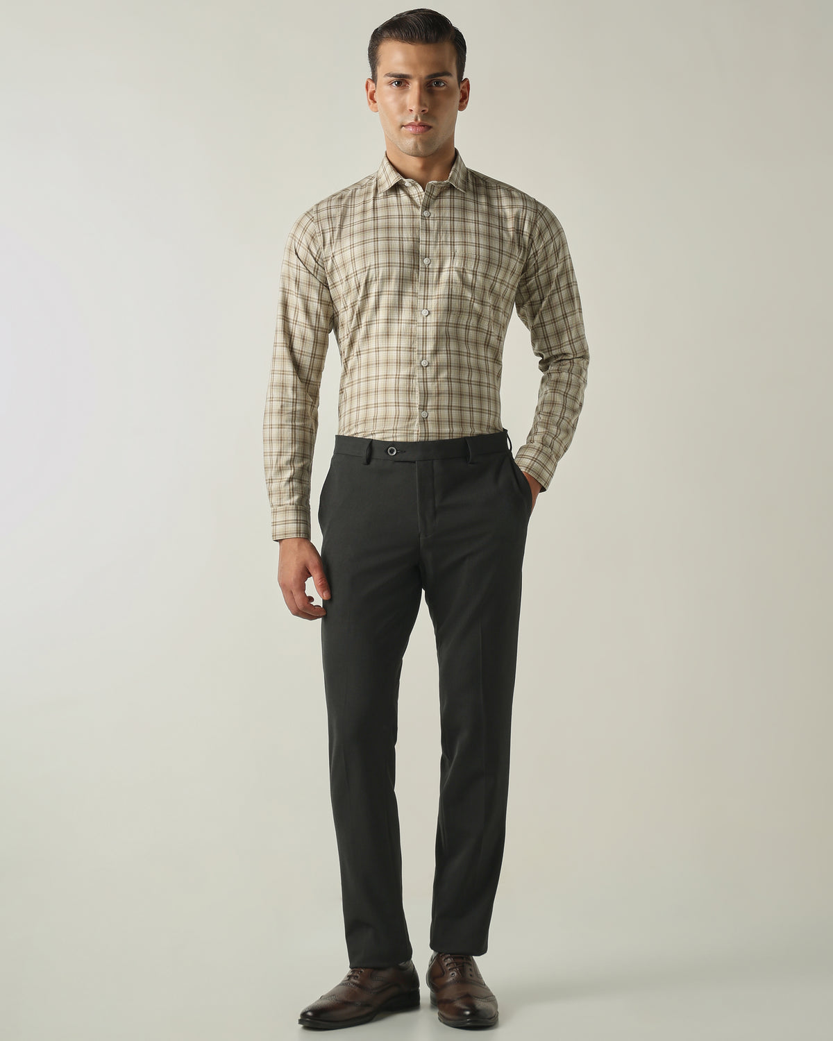 Men's Pure Cotton Checks Slim Fit Full Sleeve Casual Shirt - Beige