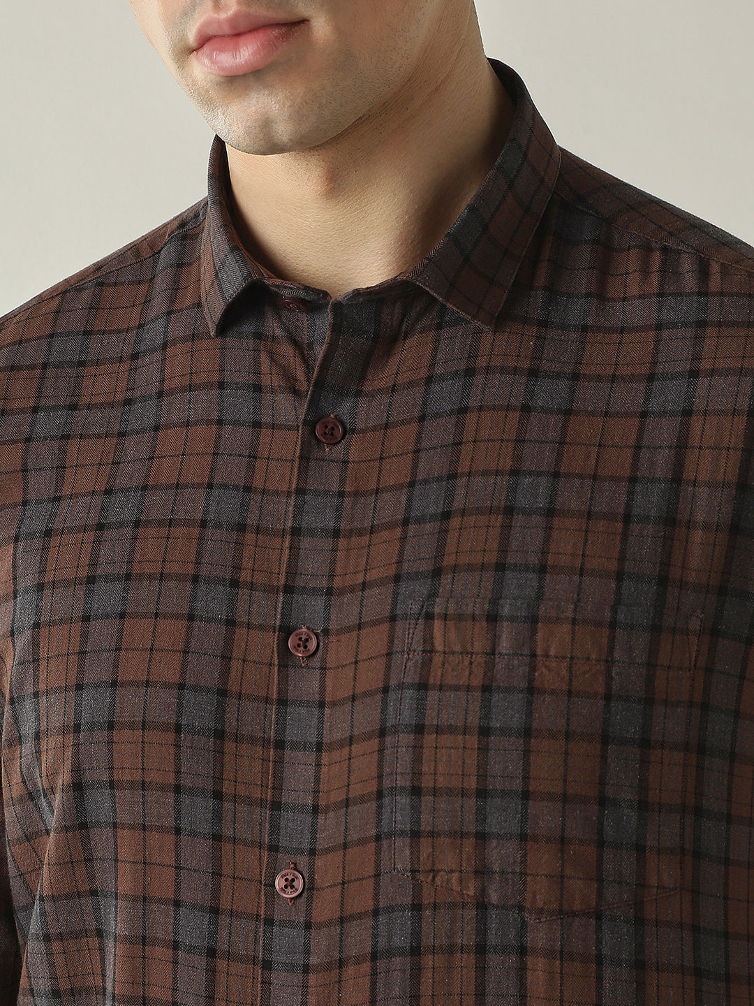 Men's Pure Cotton Checks Slim Fit Full Sleeve Casual Shirt - Brown