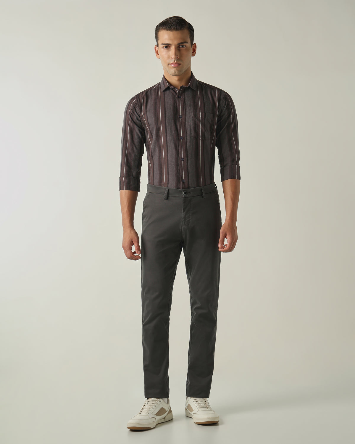 Men's Pure Cotton Stripes Slim Fit Full Sleeve Casual Shirt - Brown