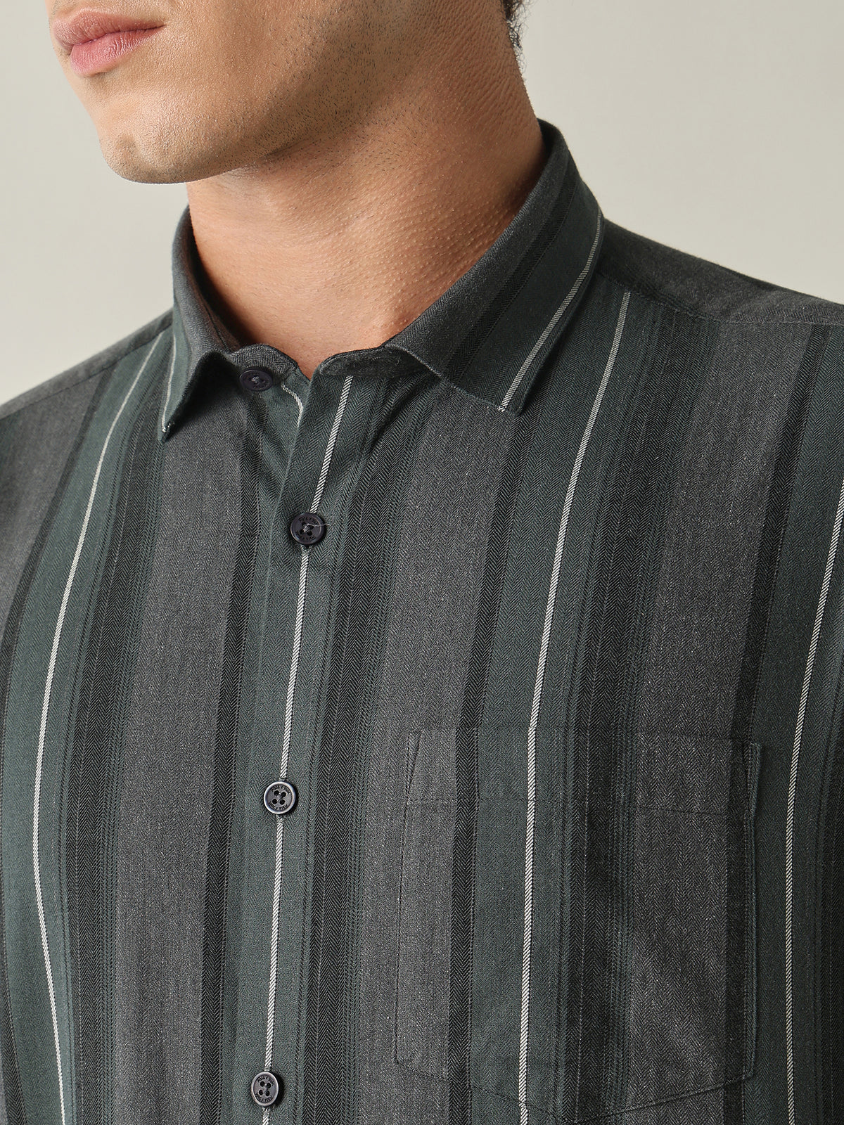 Men's Pure Cotton Stripes Slim Fit Full Sleeve Casual Shirt - Green