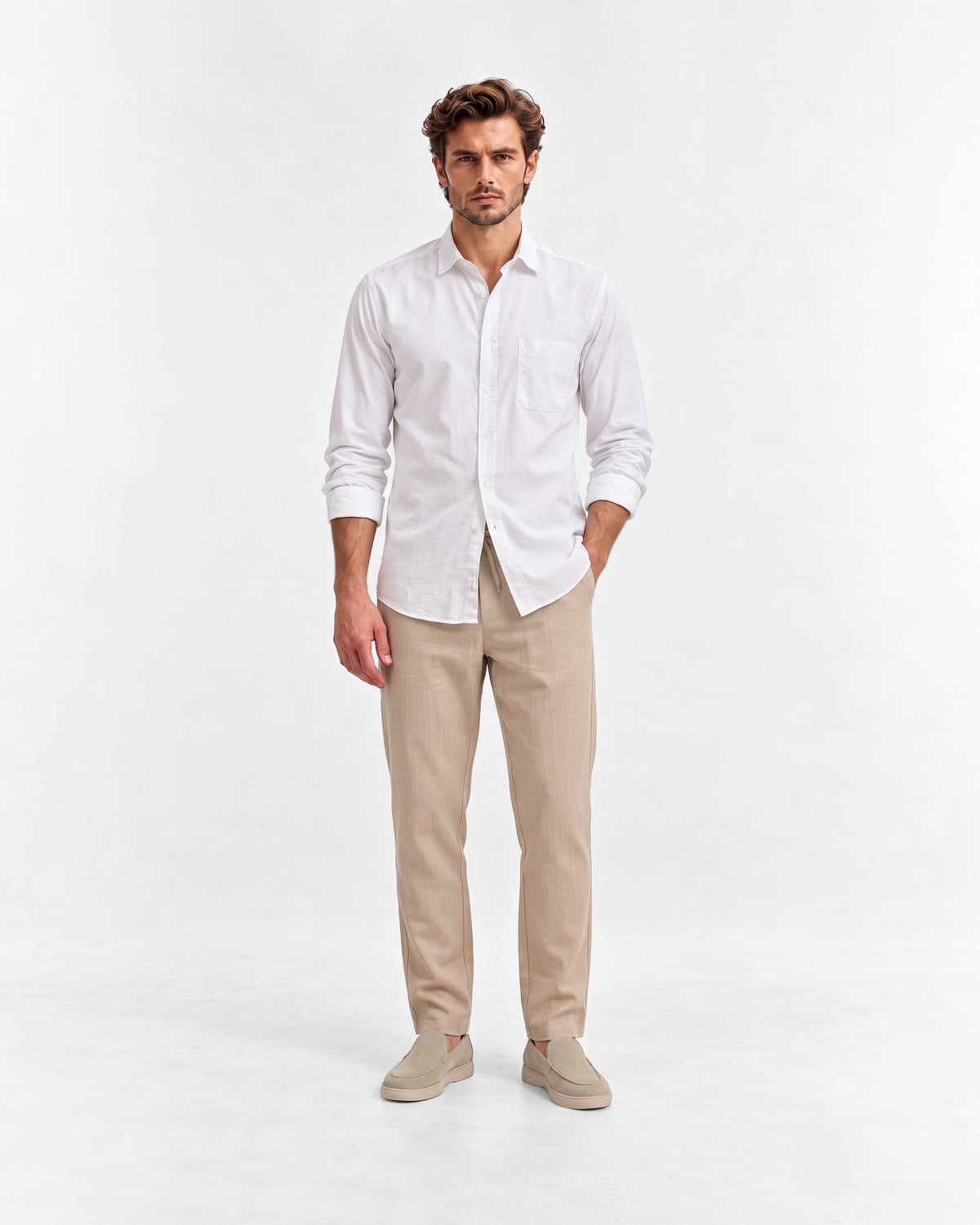 Men's Solid 100% Cotton Regular Fit Casual Trousers-Beige