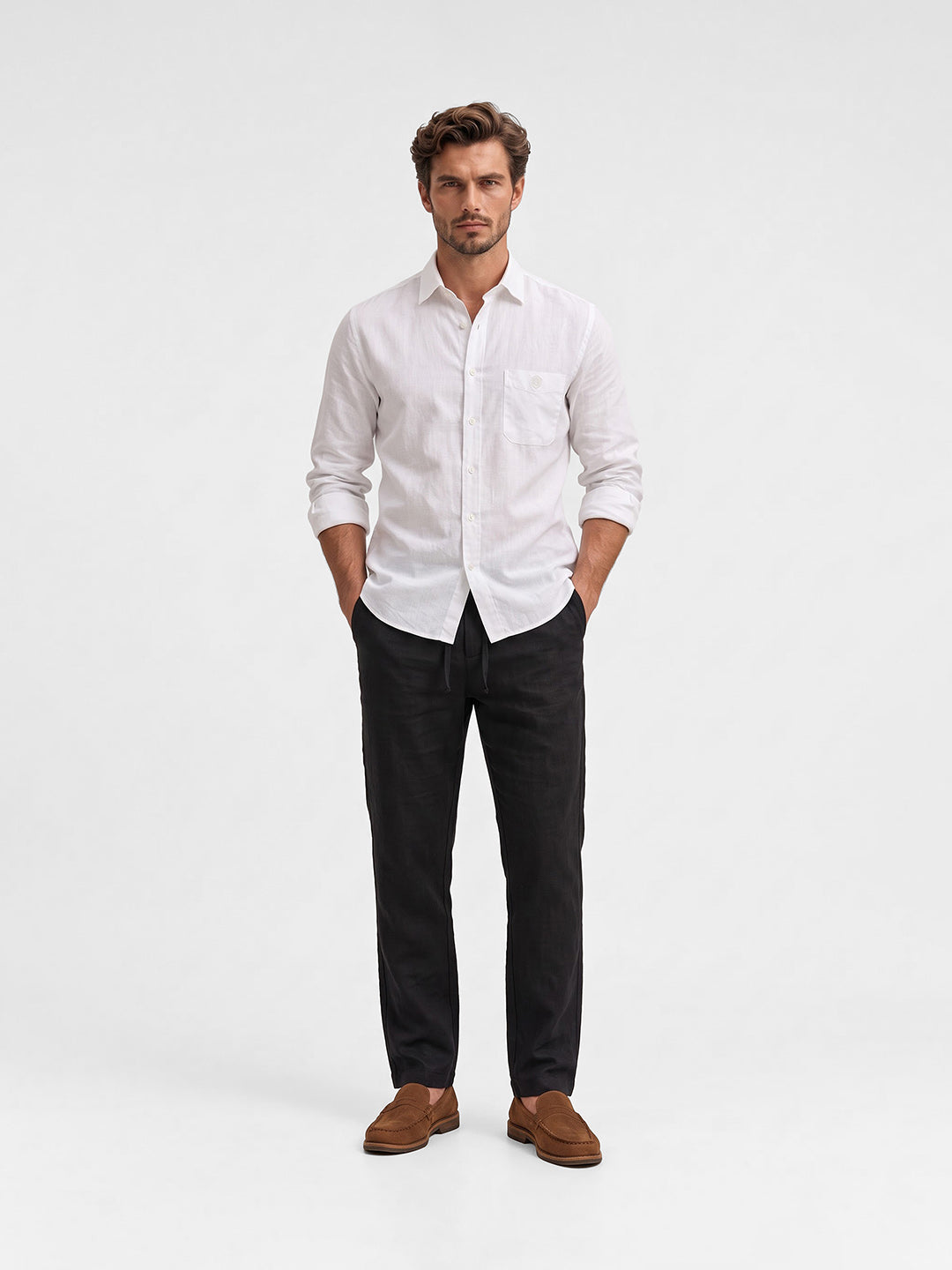 Men's Solid Pure Cotton Regular Fit Casual Trousers - Black