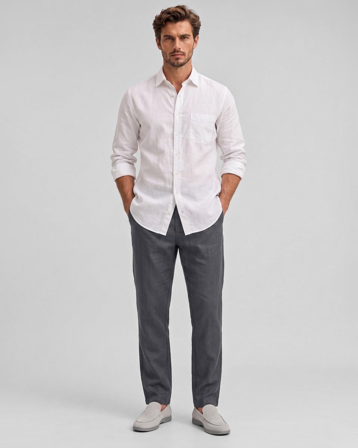 Men's Solid 100% Cotton Regular Fit Casual Trousers-Grey