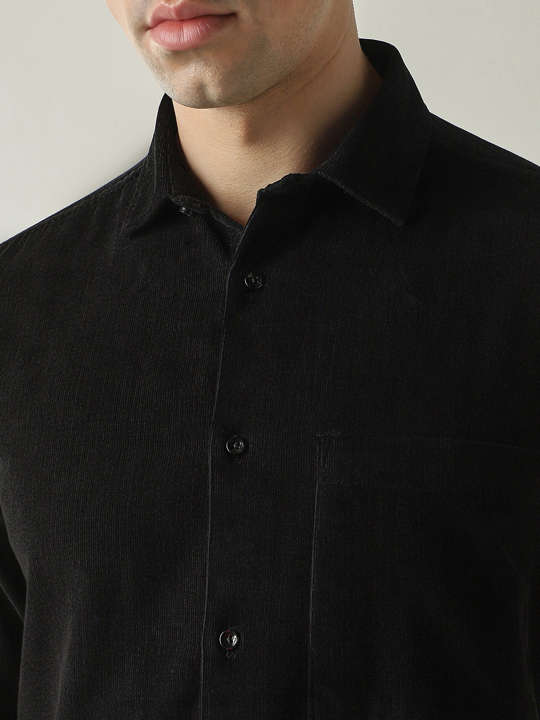 Men's Pure Cotton Corduroy Solid Slim Fit Full Sleeve Formal Shirt - Black