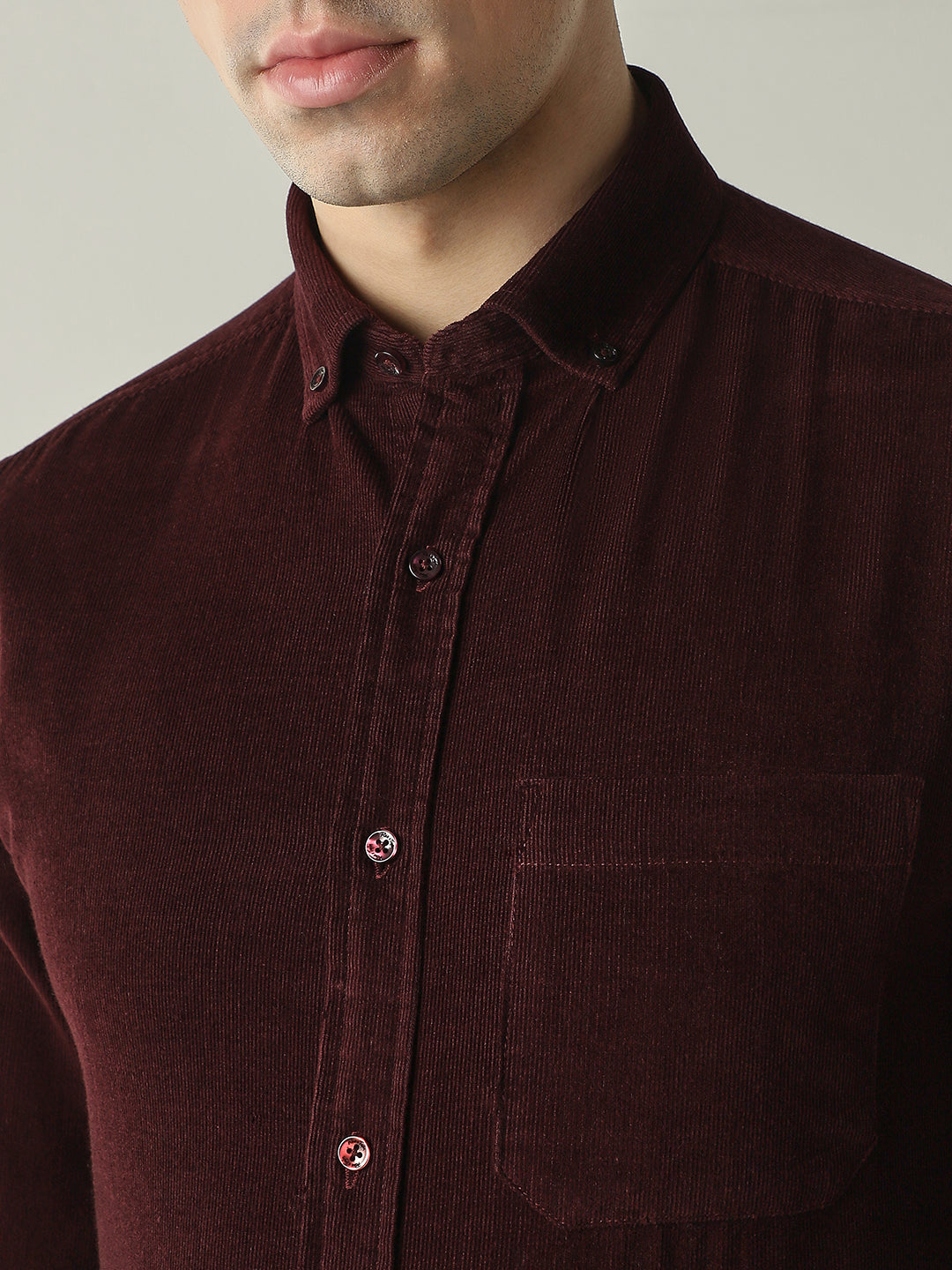 Men's Pure Cotton Corduroy Solid Slim Fit Full Sleeve Formal Shirt - Maroon