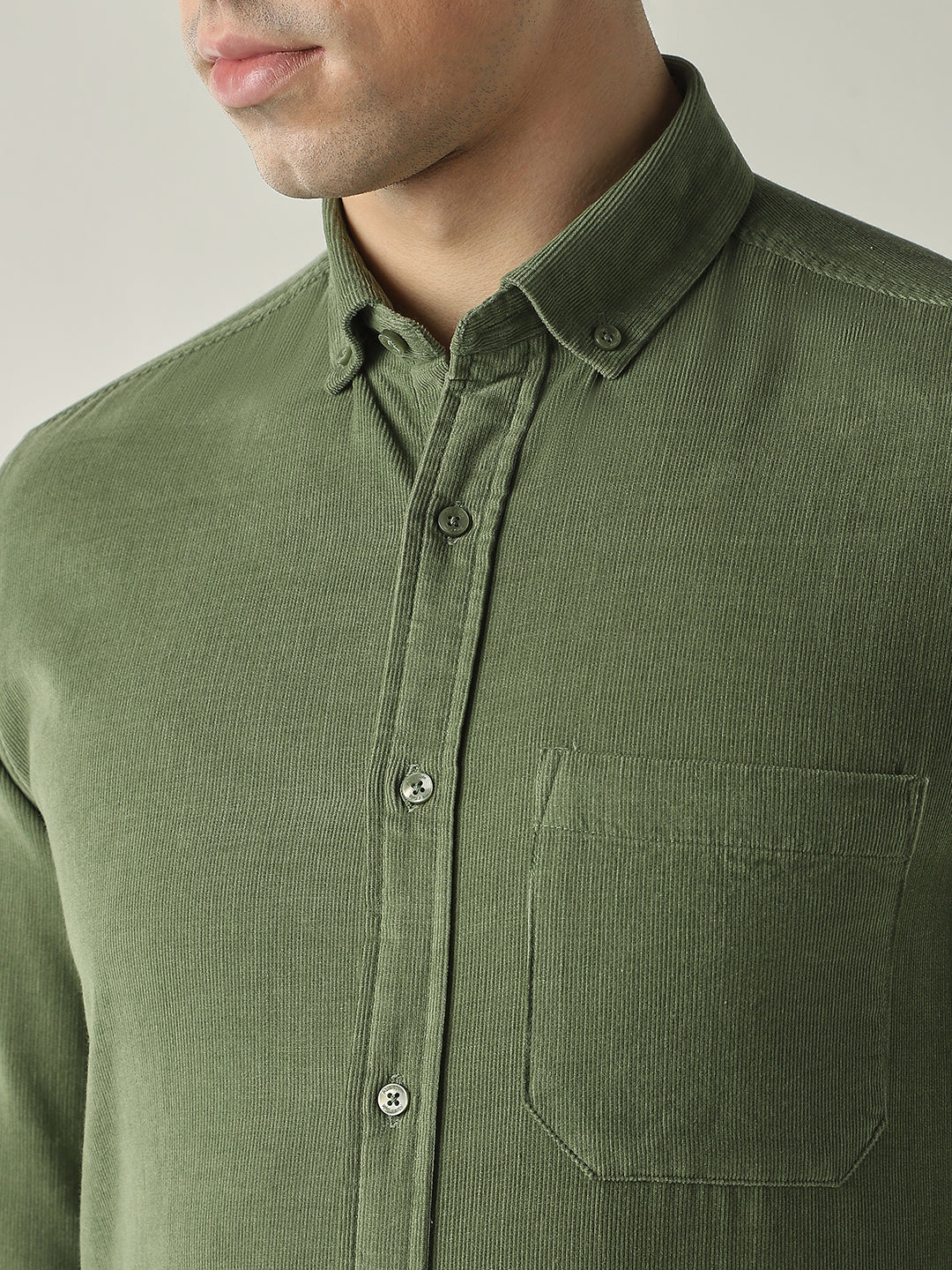Men's Pure Cotton Corduroy Solid Slim Fit Full Sleeve Formal Shirt - Sage Green