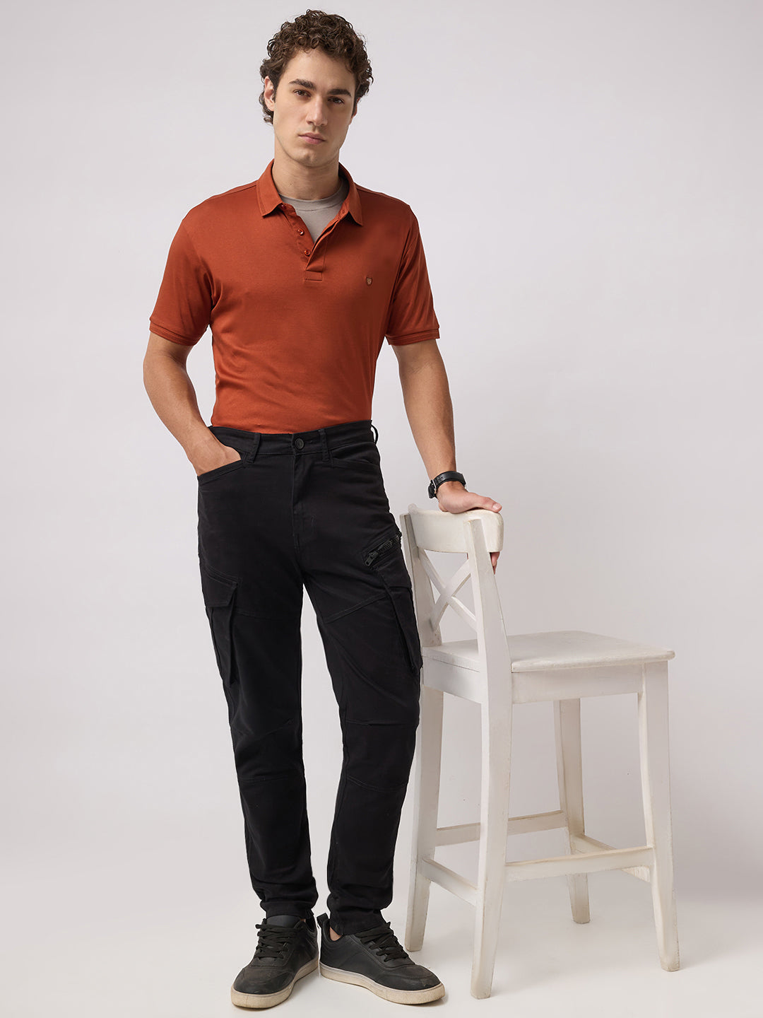 Men's Solid Cotton Stretch Regular Fit Casual Trousers - Black