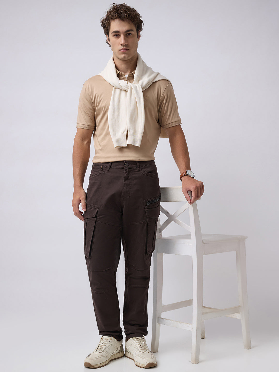 Men's Solid Cotton Stretch Regular Fit Casual Trousers - Brown