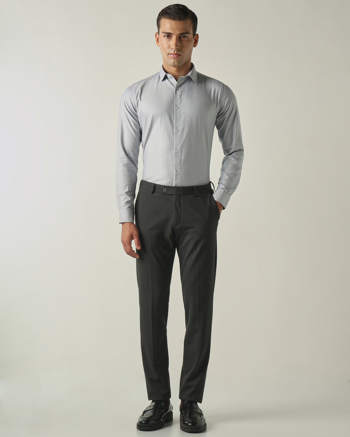 Men's Pure Cotton Dobby Stripes Slim Fit Full Sleeve Formal Shirt - Grey