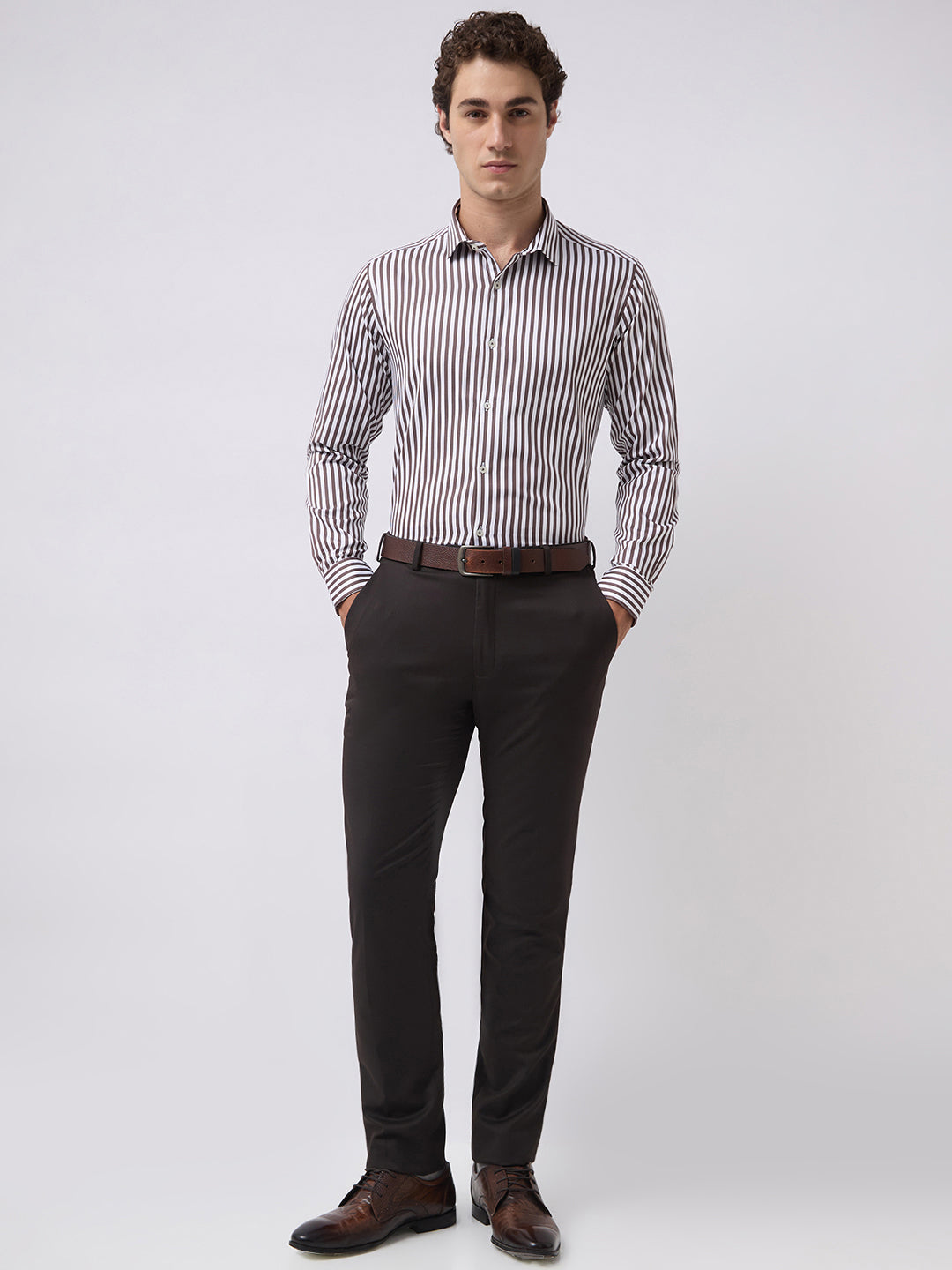 Men's Pure Cotton Satin Stripes Slim Fit Full Sleeve Formal Shirt - Brown