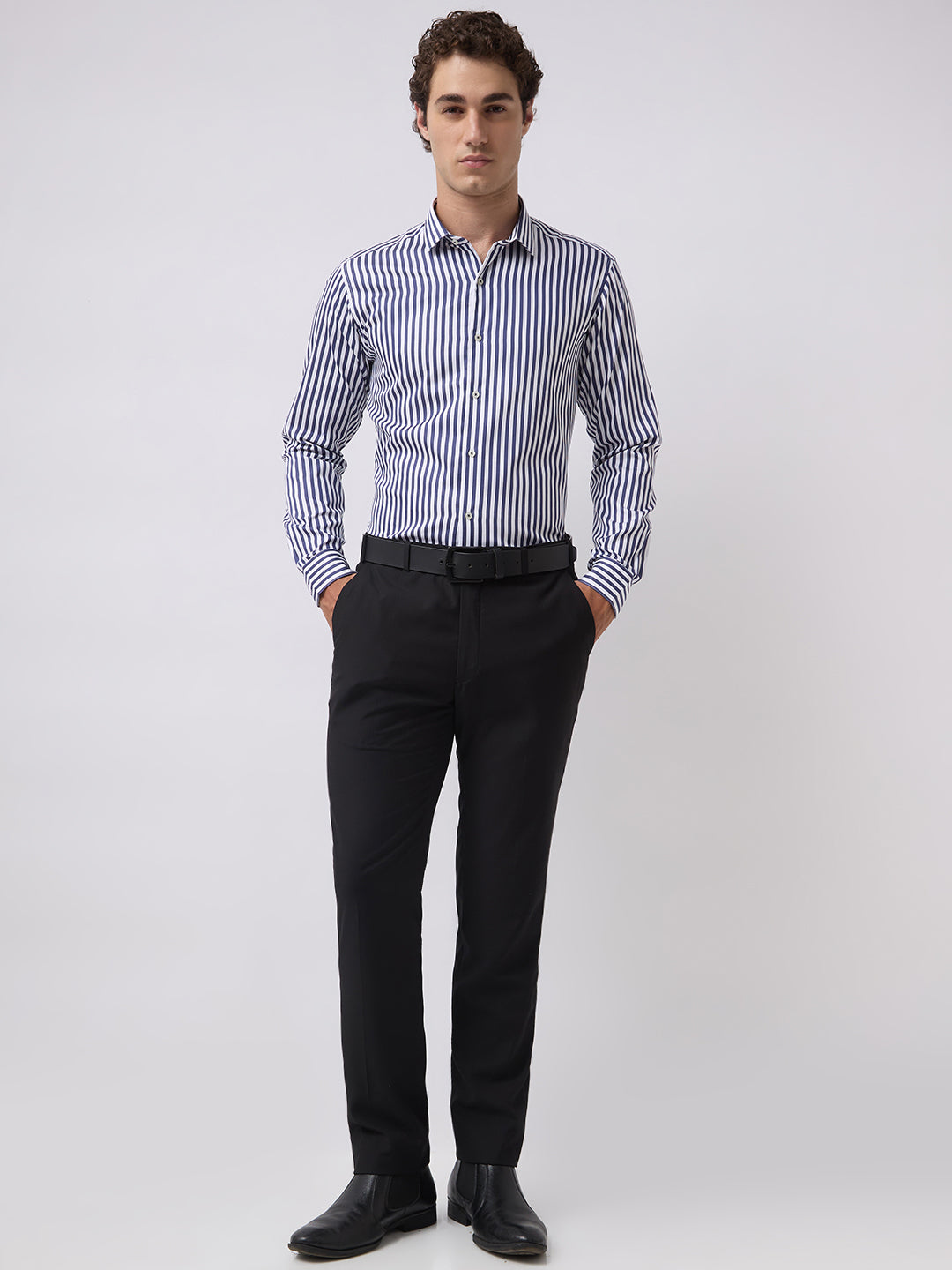 Men's Pure Cotton Stripes Slim Fit Full Sleeve Formal Shirt - Navy