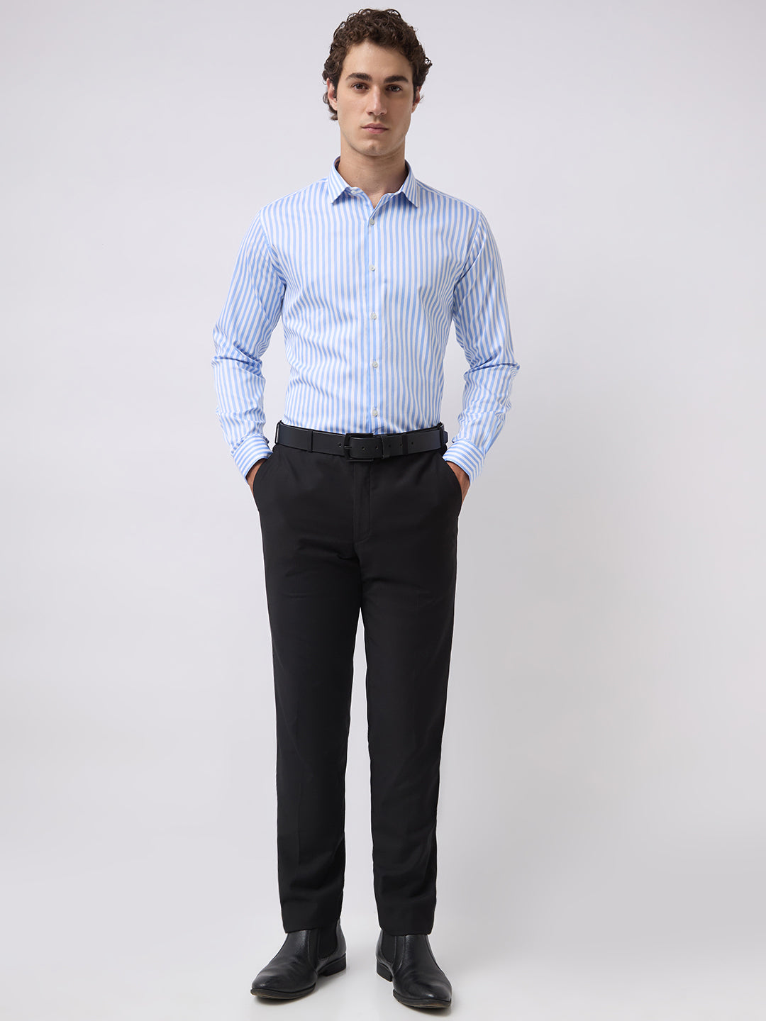 Men's Pure Cotton Stripes Slim Fit Full Sleeve Formal Shirt - Sky Blue