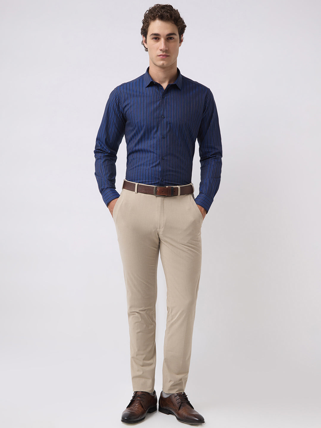 Men's Pure Cotton Stripes Slim Fit Full Sleeve Formal Shirt - Navy