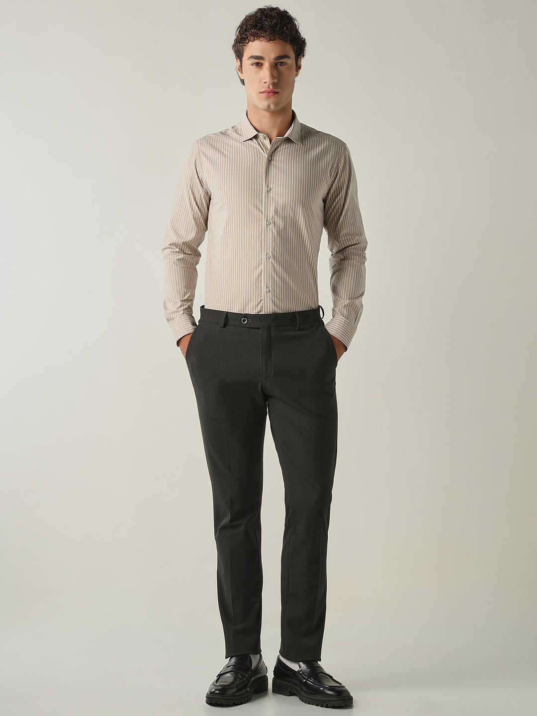 Men's Pure Cotton Stripes Slim Fit Full Sleeve Formal Shirt - Beige