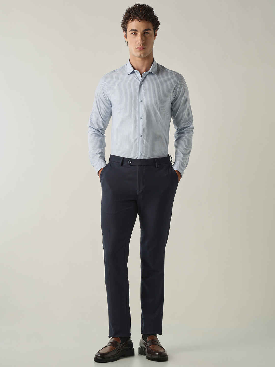 Men's Pure Cotton Stripes Slim Fit Full Sleeve Formal Shirt - Blue
