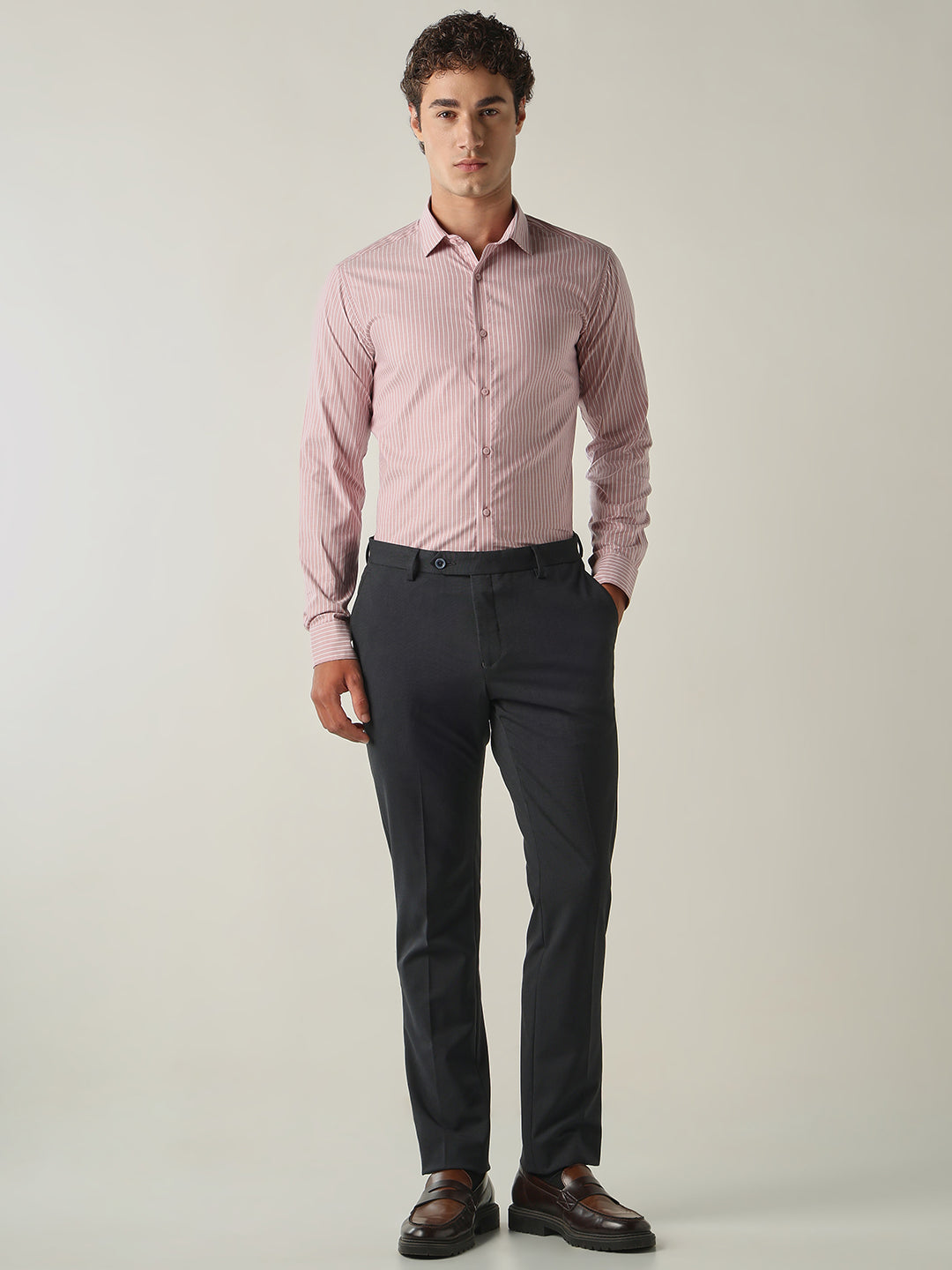 Men's Pure Cotton Stripes Slim Fit Full Sleeve Formal Shirt - Pink
