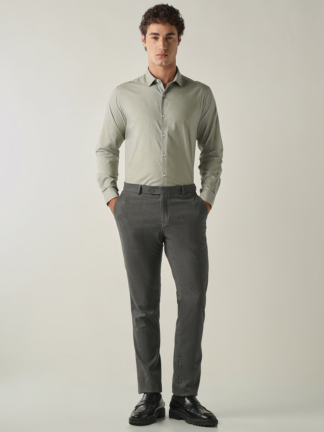 Men's Pure Cotton Houndstooth Checks Slim Fit Full Sleeve Formal Shirt - Olive
