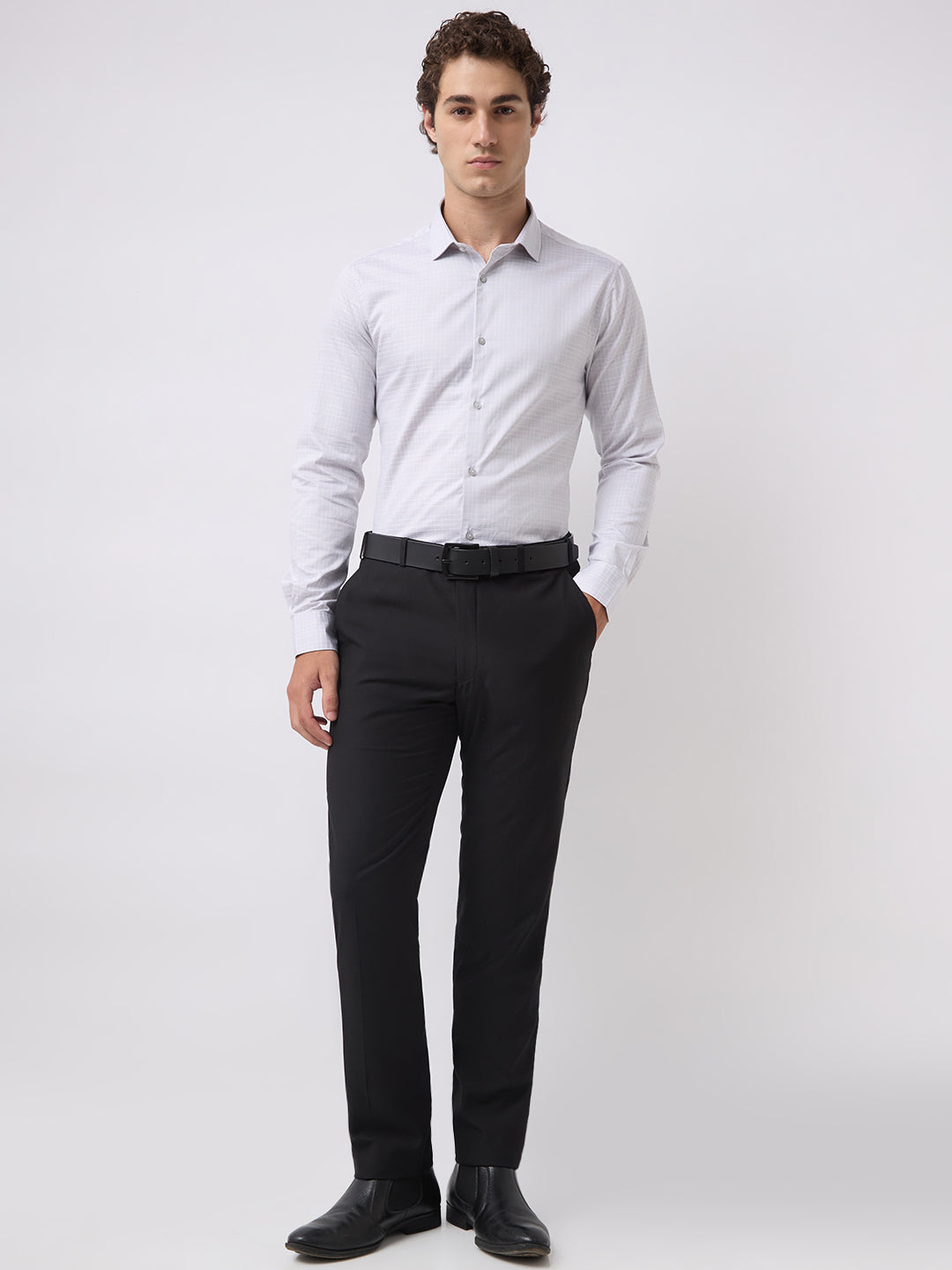 Men's Pure Cotton Checks Slim Fit Full Sleeve Formal Shirt - Light Grey