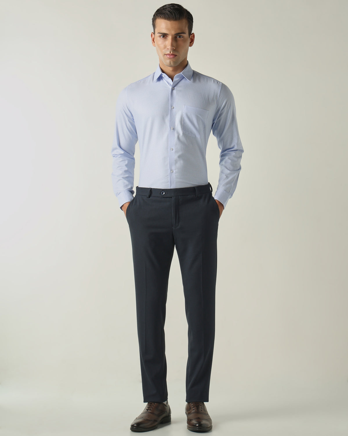 Men's Pure Cotton Dobby Solid Slim Fit Full Sleeve Formal Shirt - Blue