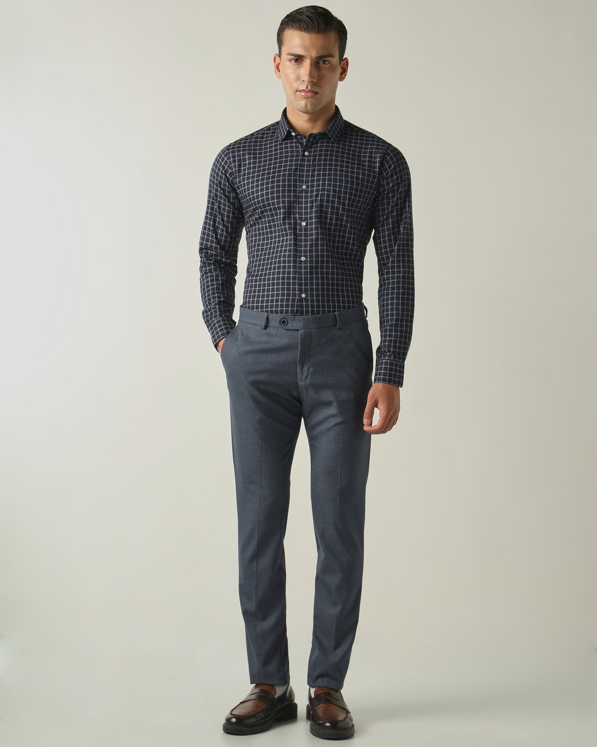 Men's Pure Cotton Checks Slim Fit Full Sleeve Formal Shirt - Blue