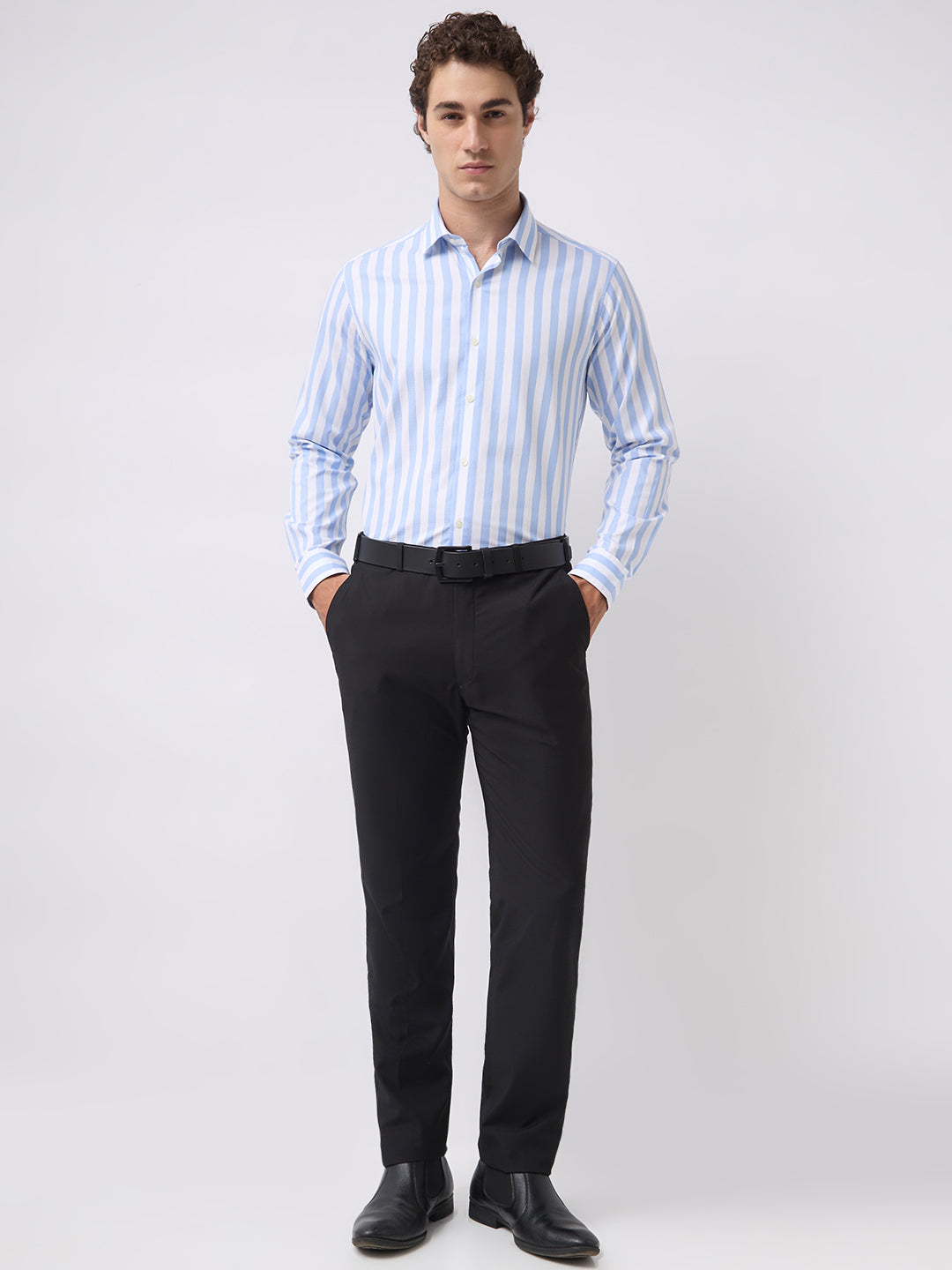 Men's Pure Cotton Dobby Stripes Slim Fit Full Sleeve Formal Shirt - Sky Blue