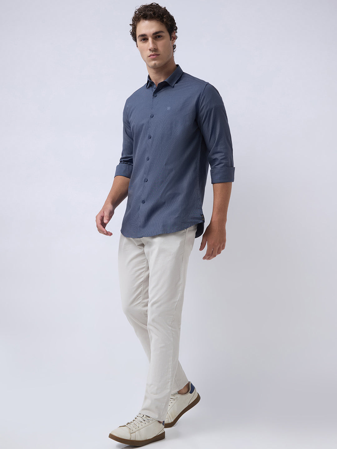 Men's Pure Cotton Dobby Solid Slim Fit Full Sleeve Casual Shirt - Navy