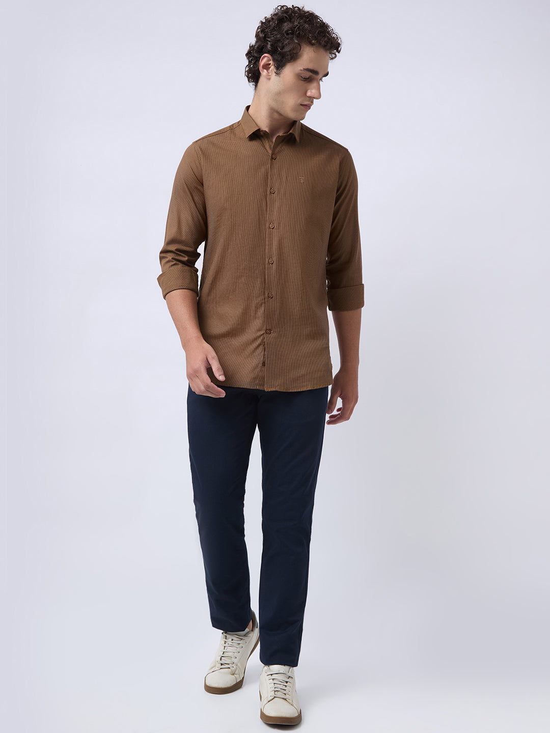 Men's Pure Cotton Dobby Solid Slim Fit Full Sleeve Casual Shirt - Orange