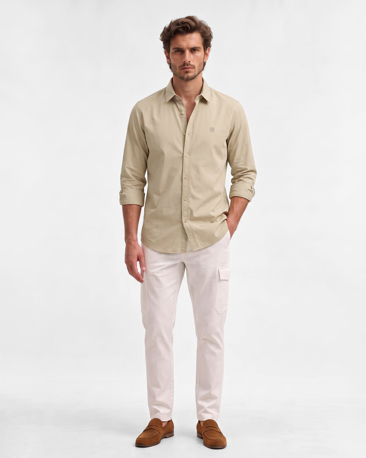 Men's Pure Cotton Solid Slim Fit Full Sleeve Casual Shirt - Khaki