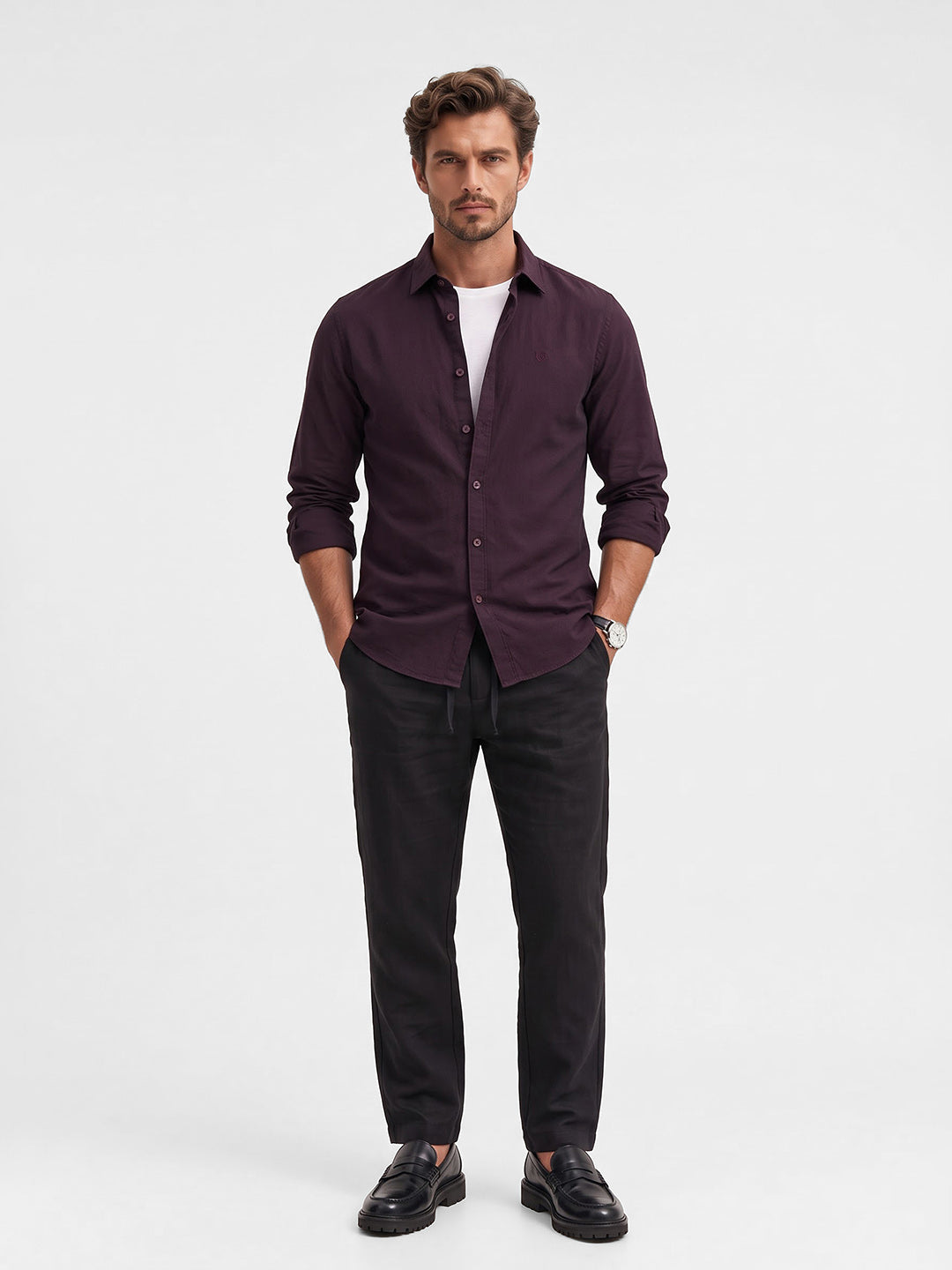 Men's Pure Cotton Solid Slim Fit Full Sleeve Casual Shirt - Maroon