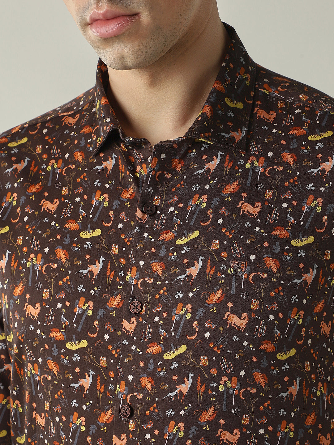 Men's Pure Cotton Printed Slim Fit Full Sleeve Casual Shirt - Brown