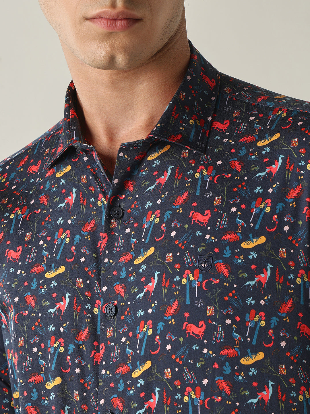 Men's Pure Cotton Printed Slim Fit Full Sleeve Casual Shirt - Navy