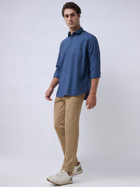 Men's Pure Cotton Melange Solid Regular Fit Full Sleeve Casual Shirt - Blue