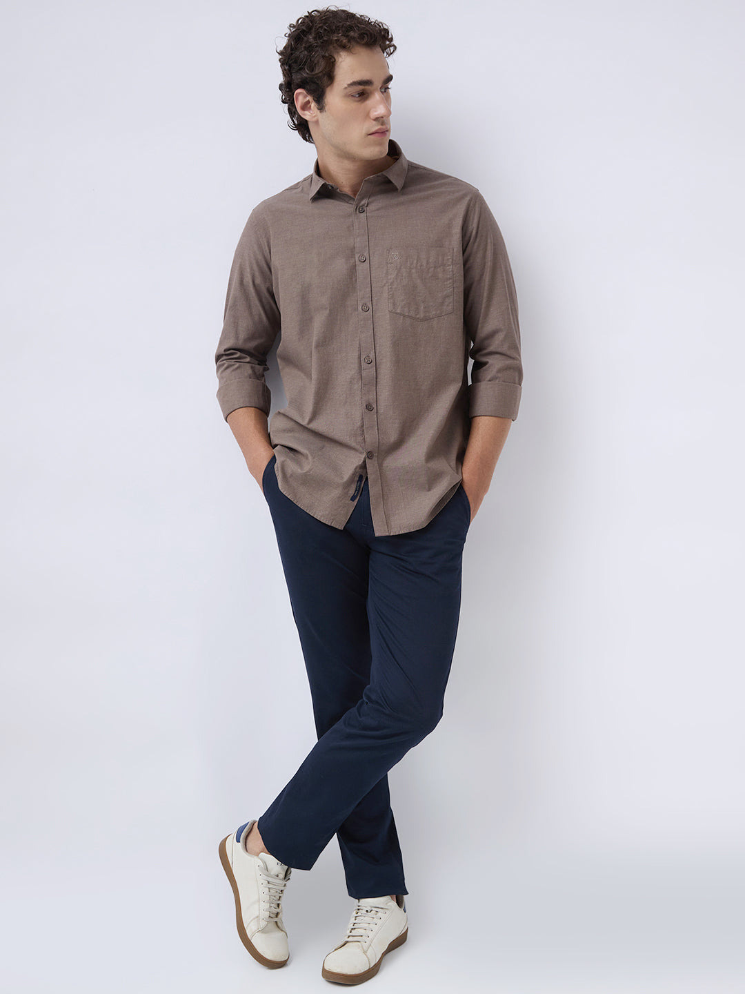 Men's Pure Cotton Melange Solid Regular Fit Full Sleeve Casual Shirt - Brown