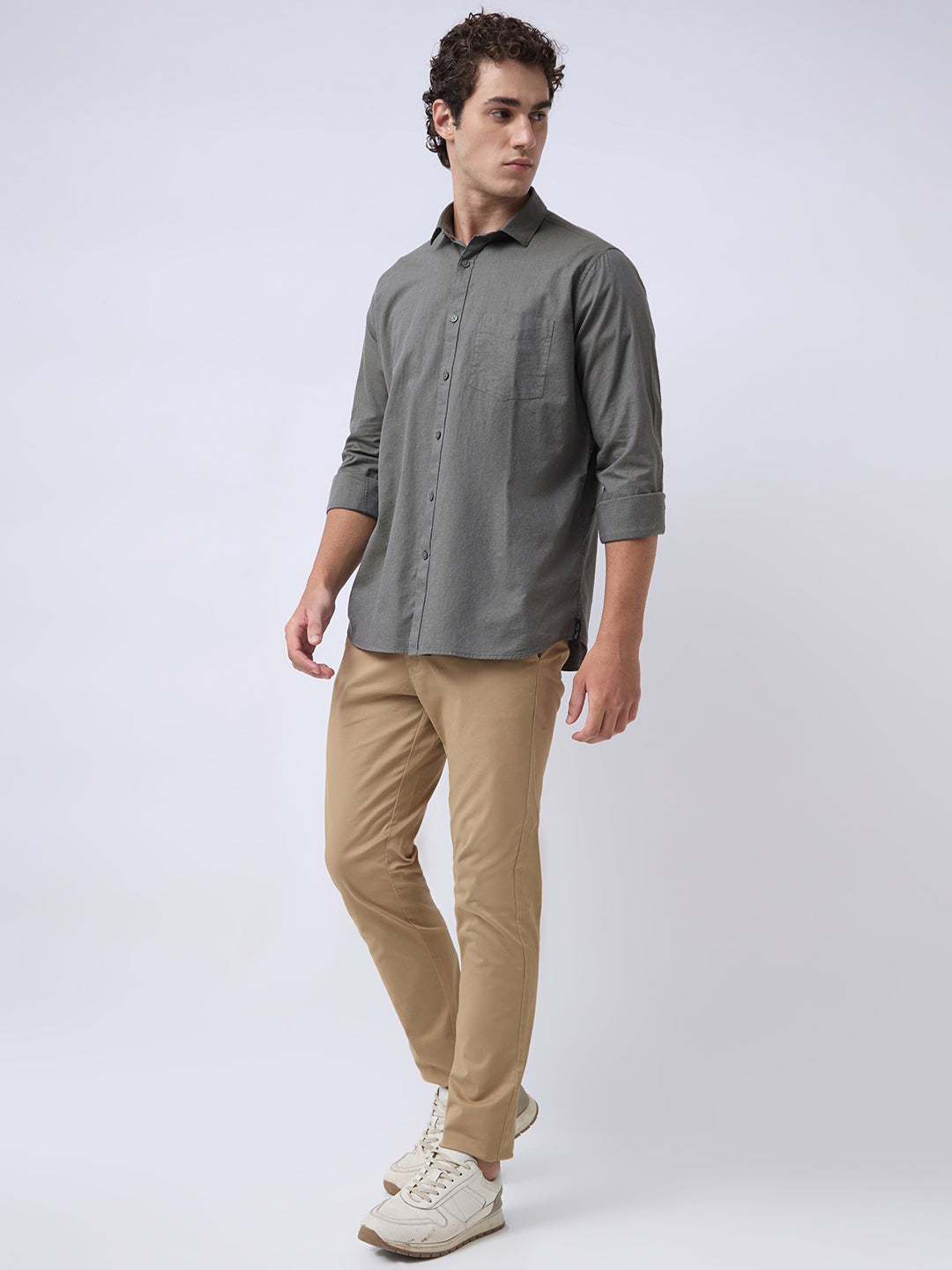 Men's Pure Cotton Melange Solid Regular Fit Full Sleeve Casual Shirt - Olive