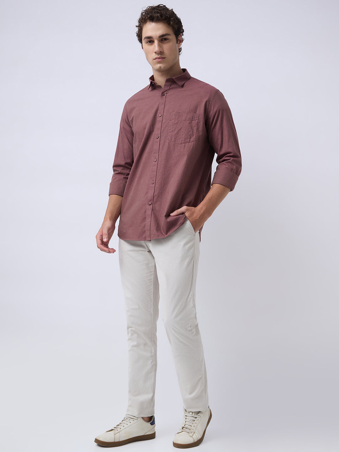 Men's Pure Cotton Melange Solid Regular Fit Full Sleeve Casual Shirt - Rust