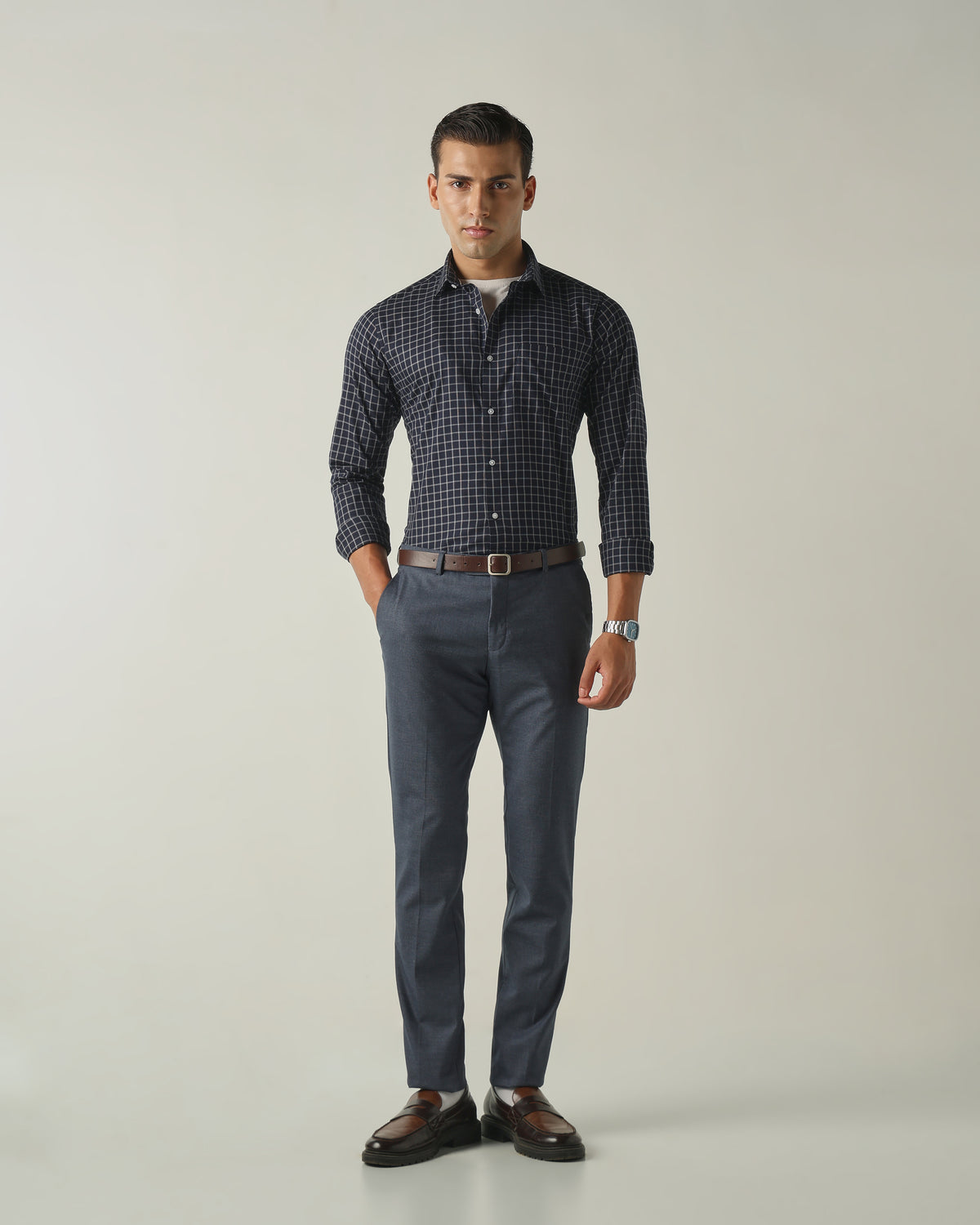 Men's Solid Poly Viscose Elastane Slim Fit Formal Trousers - Blue