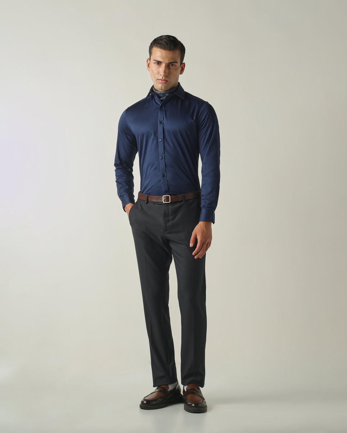 Men's Solid Poly Viscose Elastane Regular Fit Formal Trousers - Dark Grey
