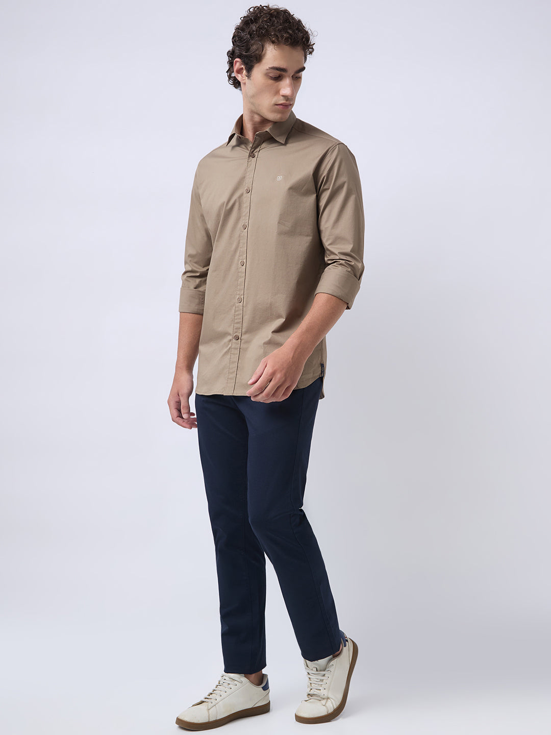 Men's Cotton Stretch Solid Slim Fit Full Sleeve Casual Shirt - Khaki