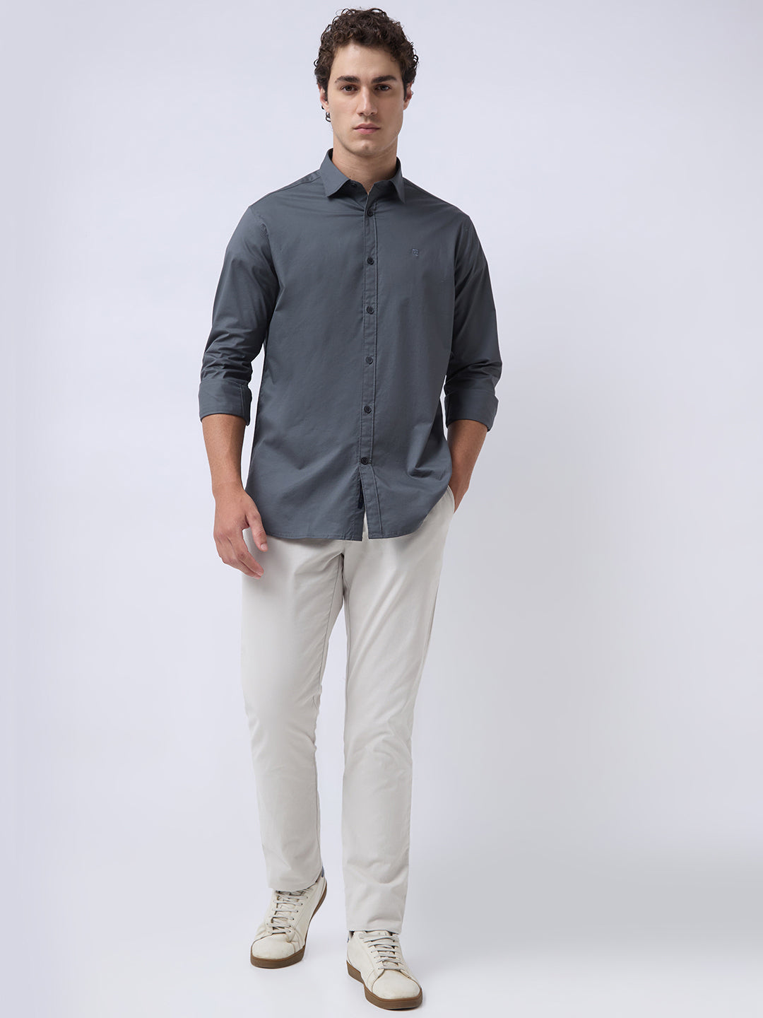 Men's Cotton Stretch Solid Slim Fit Full Sleeve Casual Shirt - Steel Grey