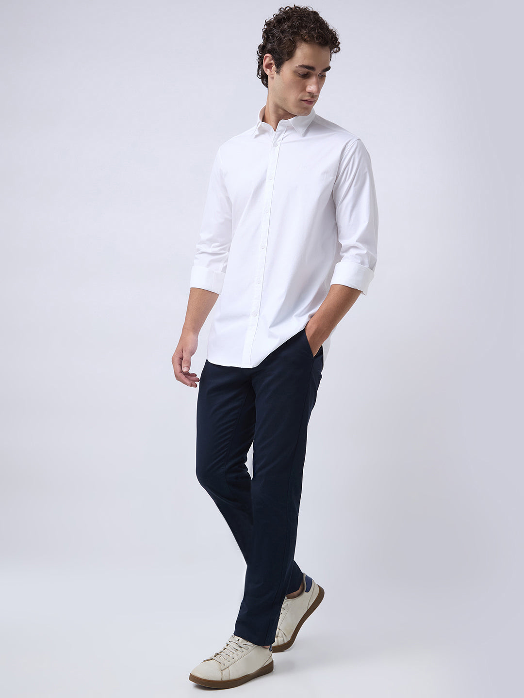 Men's Cotton Stretch Solid Slim Fit Full Sleeve Casual Shirt - White