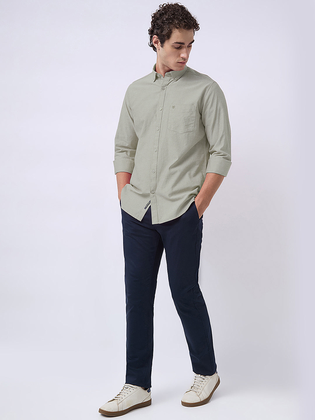 Men's Pure Cotton Oxford Solid Slim Fit Full Sleeve Casual Shirt - Green