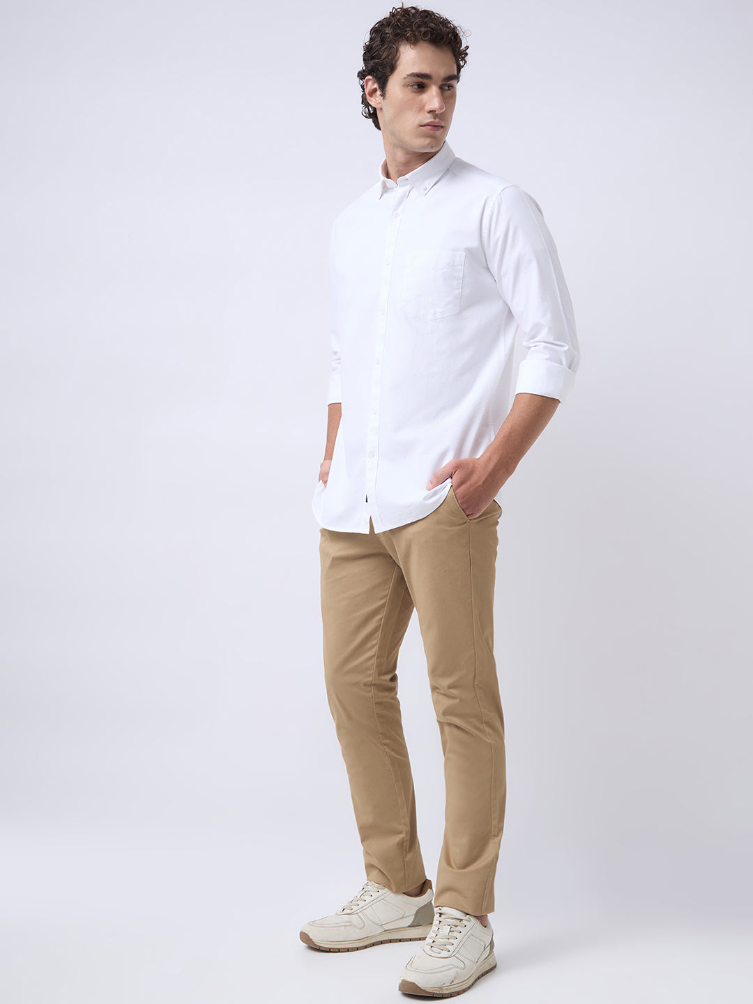 Men's Pure Cotton Oxford Solid Slim Fit Full Sleeve Casual Shirt - White