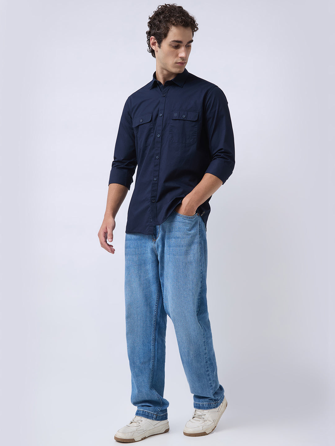 Men's Pure Cotton Solid Regular Fit Full Sleeve Casual Shirt - Navy
