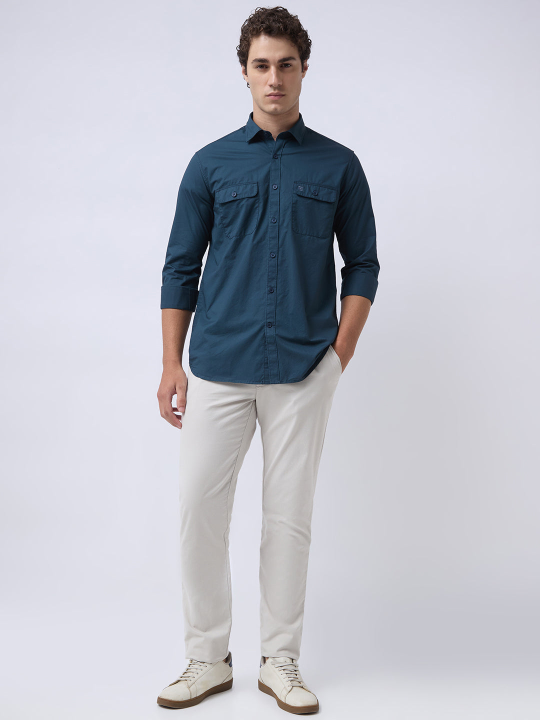 Men's Pure Cotton Solid Regular Fit Full Sleeve Casual Shirt - Teal