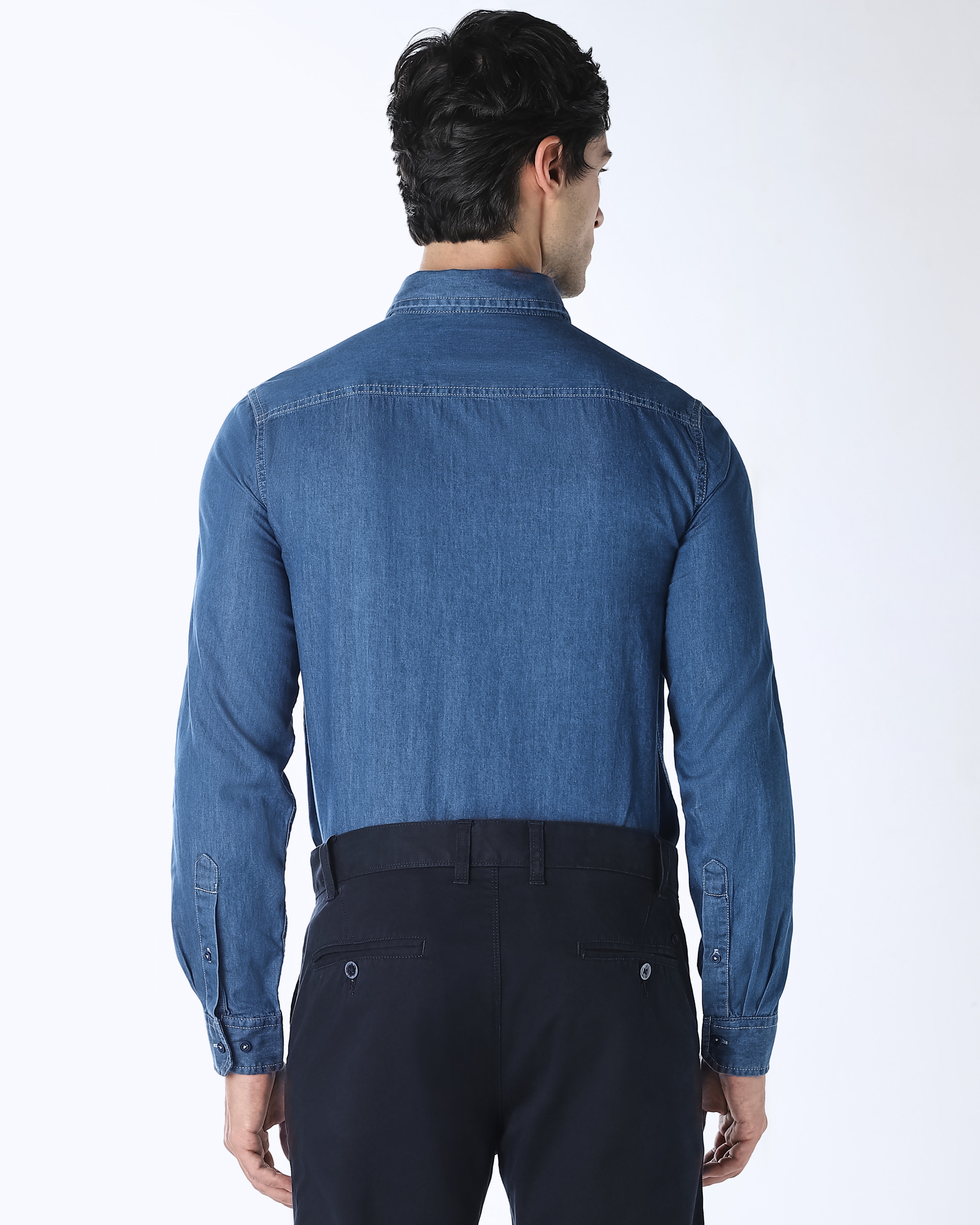 Dark Blue Denim 100% Cotton Slim Fit Casual Full Sleeve Shirt