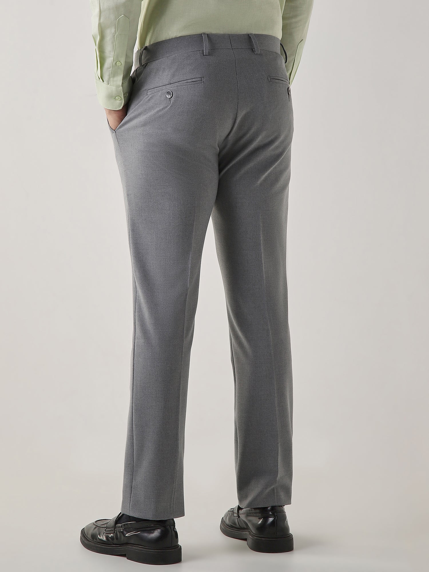 Mid Grey Cotton Blend Flat Front Slim Fit Formal Trouser