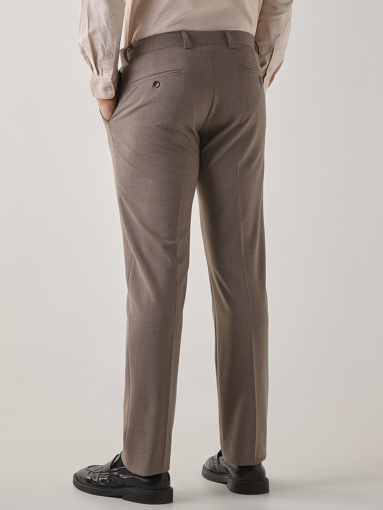 Brown Cotton Blend Flat Front Slim Fit Formal Trouser