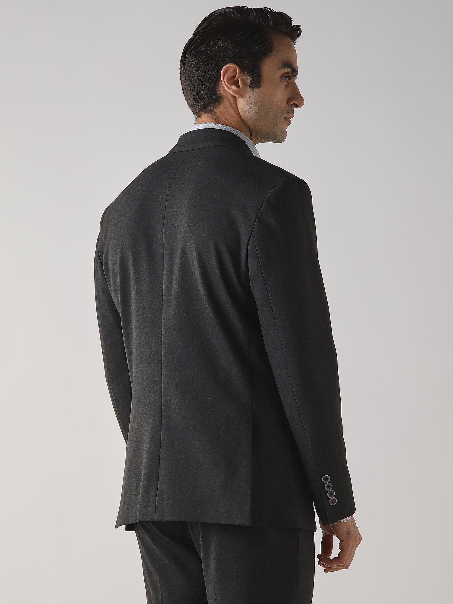 Dark Grey Textured Cotton Blend Tailored Fit Formal Blazer