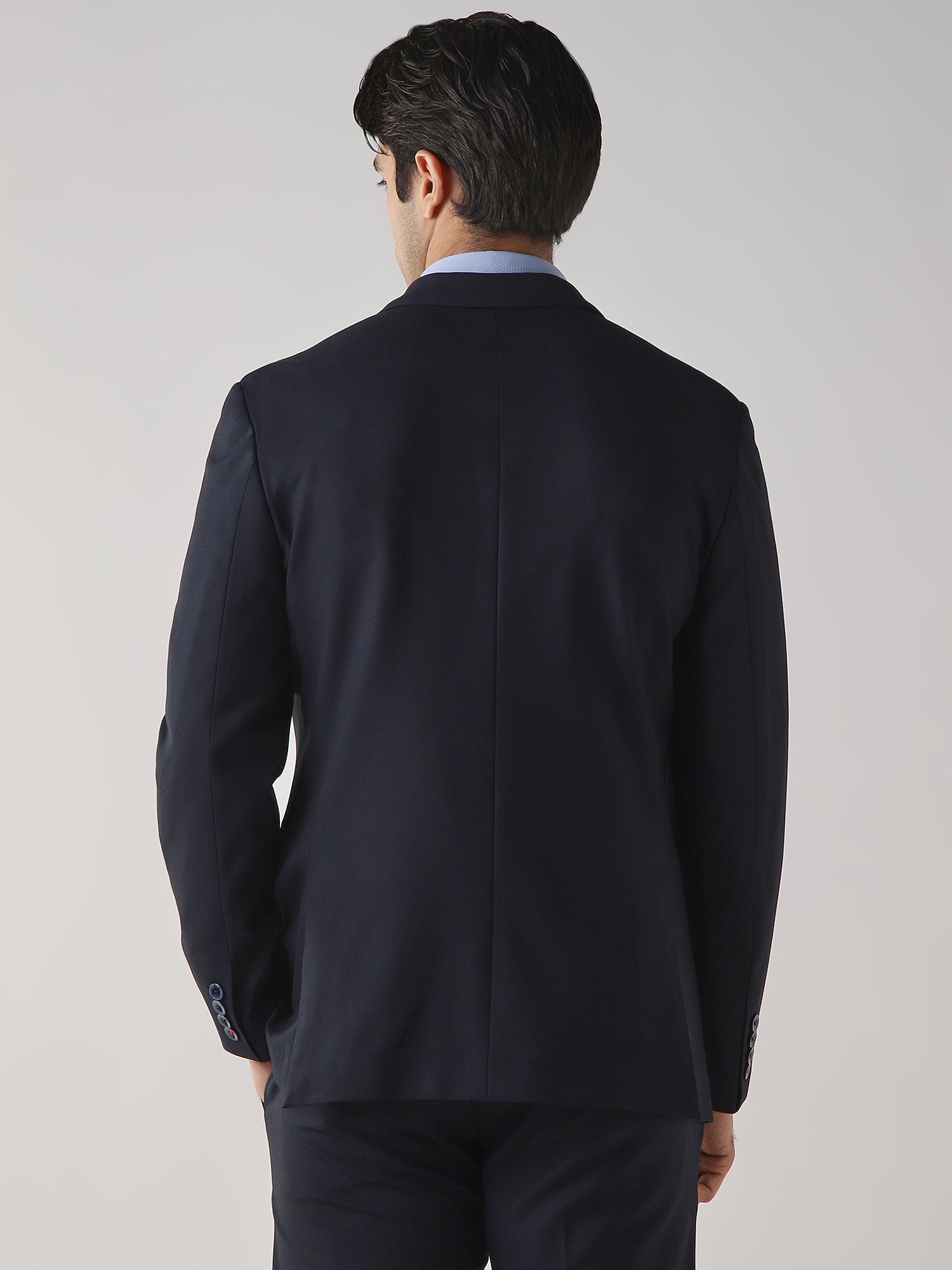 Navy Textured Cotton Blend Tailored Fit Formal Blazer